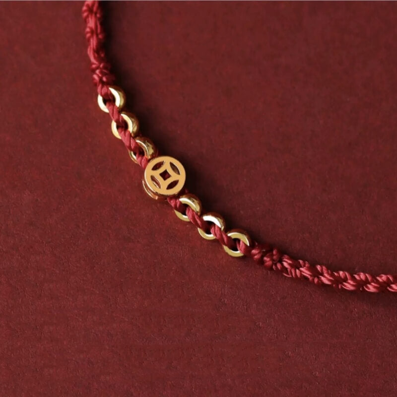LuckyCharms Gold-plated Ancient Chinese Coin Wealth & Fortune Red Braided Rope Bracelet