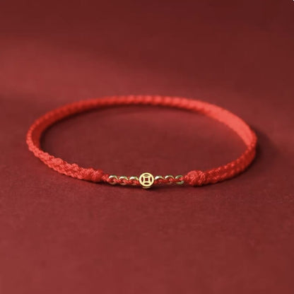 LuckyCharms Gold-plated Ancient Chinese Coin Wealth & Fortune Red Braided Rope Bracelet