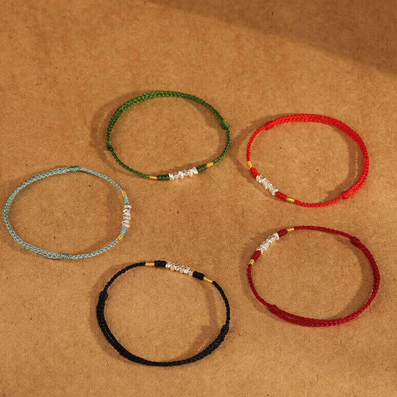 LuckyCharms Tiny Shape Silver Fortune Beads Red String Braided Bracelet