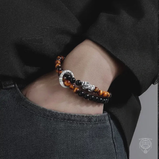 999 Fine Silver Pixiu Peace Buckle Double-Layer Bracelet | Obsidian, Tiger's Eye, Elastic Fit for Men