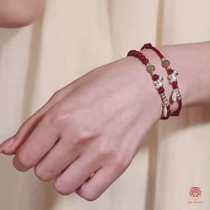 L'ensemble "Fortune Galopante" - Bracelet Combiné en Cinabre Naturel, Jade et Argent Pur 999 avec Cordon Rouge
