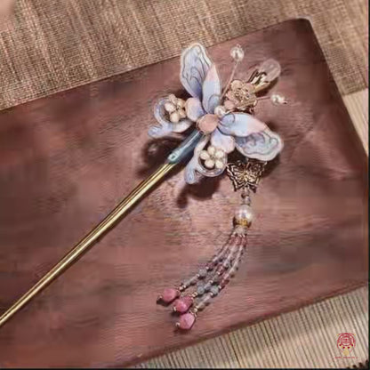 Palace Heritage Butterfly Hairpin - Silk Velvet & Gemstone Tassel Stick