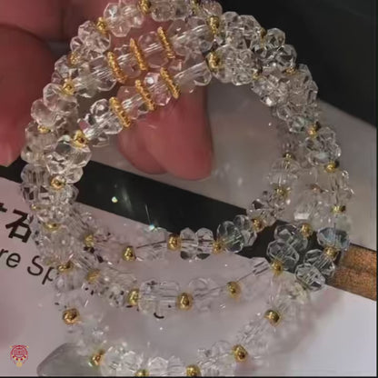 Diamond-Cut Clear Quartz Bead Bracelet for Women – 22K Gold Plated Accents