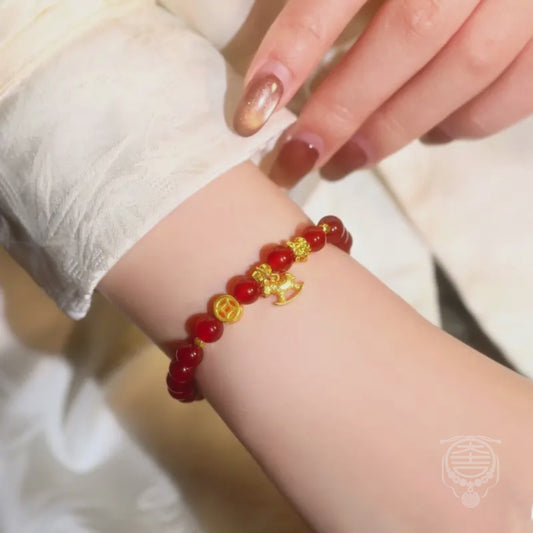 Natural Red Agate Pony Coin Lucky Wealth Bracelet for Women