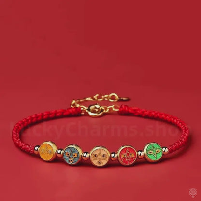 Armband aus 925-Sterlingsilber mit tibetischem Jambhala und rotem Faden, gesegnet am Berg Putuo