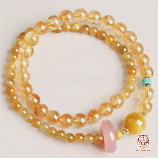 Mount Putuo Blessed Citrine & Yellow Chalcedony Bracelet | Pink Chalcedony Peace Buckle & Turquoise Accents, Wealth & Luck Energy Jewelry