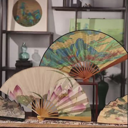 Palace Double-Sided Silk Folding Fan with Polished Bamboo Ribs