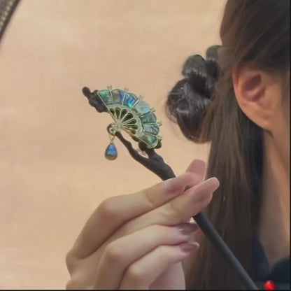 Ebony Wood Nacre Hairpin - Handcrafted Shell Fan Hair Stick