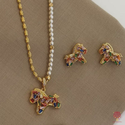 Layered Pearl & Colorful Zircon Convertible Horse Necklace & Earrings Set