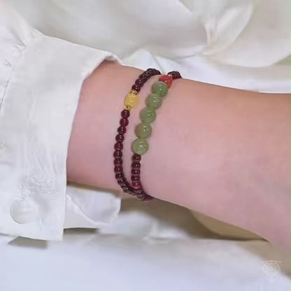 Doppelt gewickeltes Armband aus natürlichem Granat und grünem Chalcedon | 3,5-mm-Edelsteinstrang