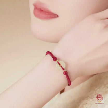 Bracelet en jade Hetian béni du Mont Putuo avec boucle de paix et cinabre | Perles plaquées argent 14 carats