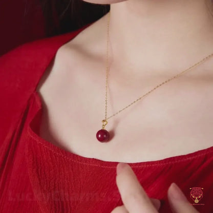 10mm Natural Cinnabar Fortune Bead Pendant Necklace - 925 Silver Gold