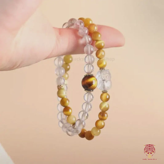 White Crystal Pixiu Yellow Tiger's Eye Double-Layer Bracelet | Women's Wealth-Attracting Elastic Jewelry