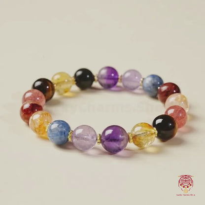 Bracelet femme en cristal multi-pierres naturelles | 9 mm, œil de tigre/améthyste/quartz rutile, bijou de luxe léger