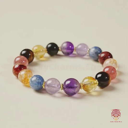 Natural Multi-Gem Crystal Ladies Bracelet | 9mm, Tiger's Eye/Amethyst/Rutilated Quartz, Light Luxury Jewelry
