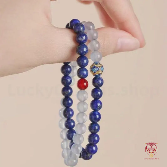 Lapis Lazuli, Aquamarine & Red Agate Bracelet | 6mm Beads, Enamel Fortune-Turning Bead