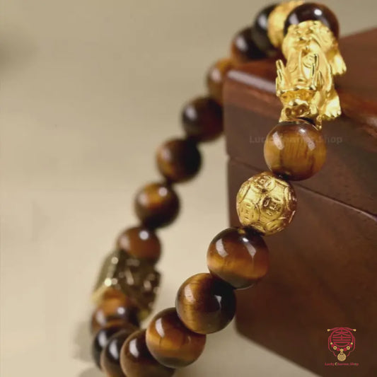 Mount Putuo Blessed Yellow Tiger's Eye Bracelet | Gold-Plated Pixiu, Lucky Coin Beads, Elastic Design