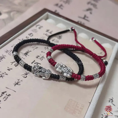 The Eternal Alliance - Authentic S999 Fine Silver Micro-Carved Fu-Blessing PiXiu Totem & Ornate Heritage Tube High-Density Cotton Matching Couple Bracelets