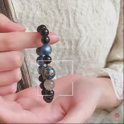 Heritage Lacquer & Gemstone Bracelet - Obsidian, Kyanite & Nacre Strand