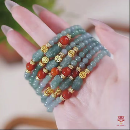 Blue Water Jadeite Pixiu Bracelet - Red Jadeite & Gold Accent Strand