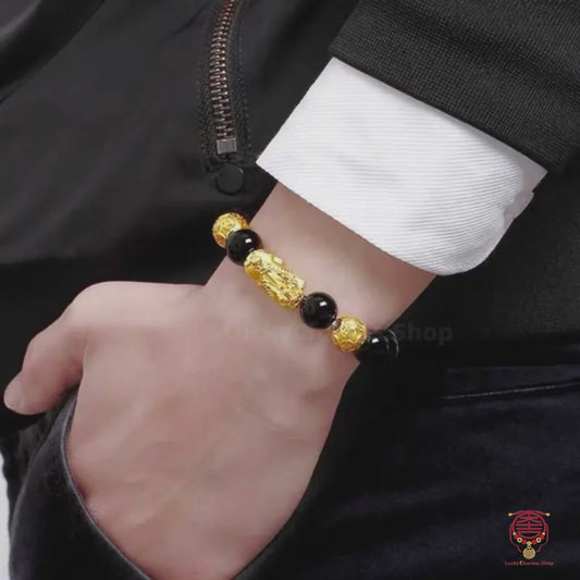 Natural Obsidian Men's Bracelet | Gold-Plated Pixiu, Six-Syllable Mantra, Lucky Jewelry