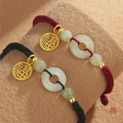 Le Destin Unifié - Bracelet Talisman de Couple Luxe Signature, Jade Naturel de Hetian de 18mm et Plaquette "Fu" Plaqué Or