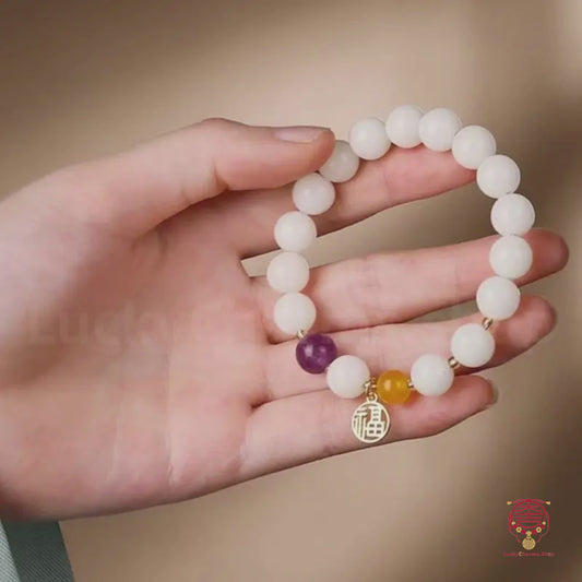Lingyin Temple Blessed White Jade Bodhi & Five-Color Blessing Plaque Auspicious Bracelet | Fortune-Turning, Cultural Blessing Gift