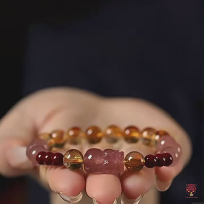 The Blessed Pixiu Wealth Bracelet - Natural Citrine & Strawberry Quartz