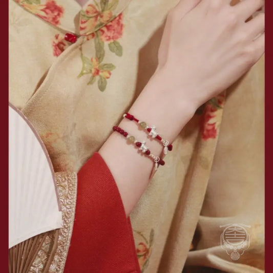 Horse Treading on Good Fortune Natural Cinnabar 999 Fine Silver Horse Red Bracelet & Beaded Bracelet Set