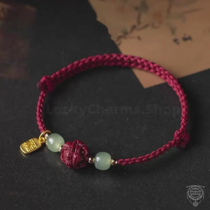 The Empress Fortune Cord - Sculpted 11mm Cinnabar Zodiac & Hetian Jade Red String Bracelet with Gold 'Fu' Charm
