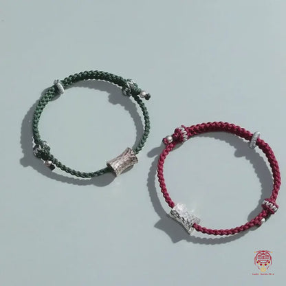 925 Silver Couple Lu Lu Tong Bracelet | Peanut Pattern, Adjustable Red & Green Braided Cords, Anti-Oxidation