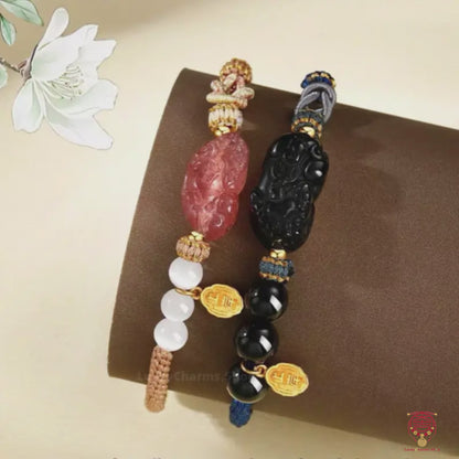 ブラックアゲート＆ローズクォーツ 貔貅 ラブノット カップルブレスレット | 925シルバー ゴールドメッキ シャンアンチャーム 天然宝石ジュエリー