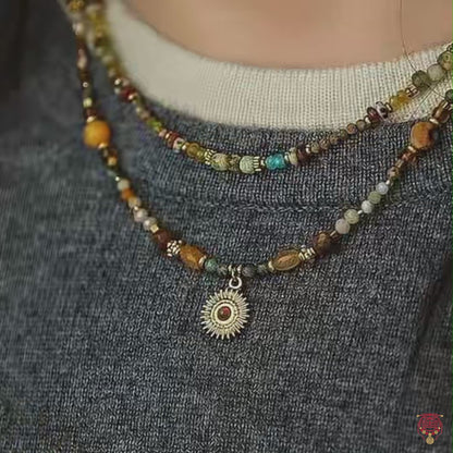 Natural Mixed Gemstone Sun Pendant Layered Necklace