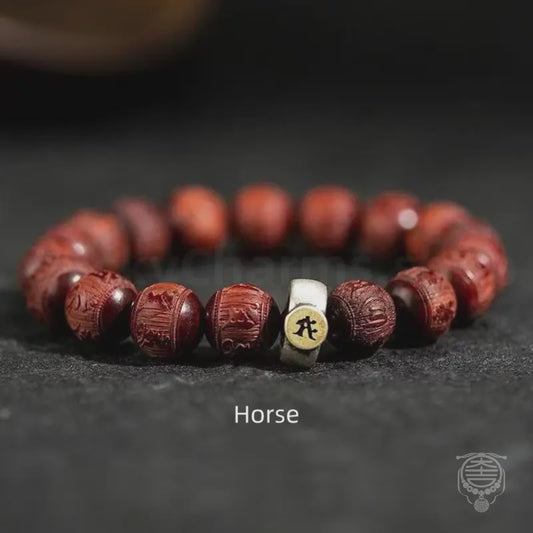 Potala Palace Empowered Red Sandalwood Bracelet | Six-Syllable Mantra, Zodiac Guardian Silver Ring