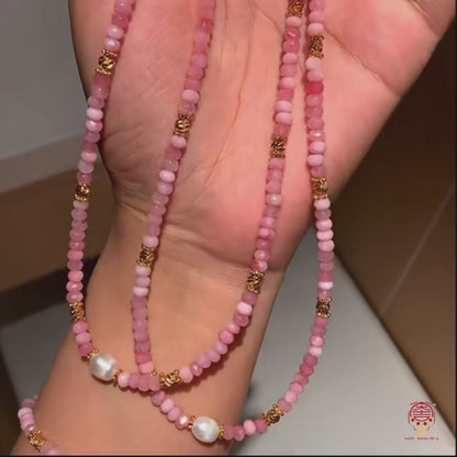 Halskette & Armband-Set aus natürlichem Pfirsich-Rhodonit & Süßwasserperlen