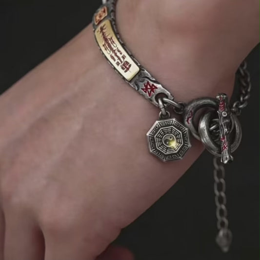 Vintage-Armband mit daoistischem Reichtumsgott-Talisman aus tibetischem Silber und vergoldetem Metall