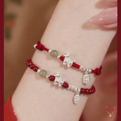 L'ensemble "Fortune Galopante" - Bracelet Combiné en Cinabre Naturel, Jade et Argent Pur 999 avec Cordon Rouge