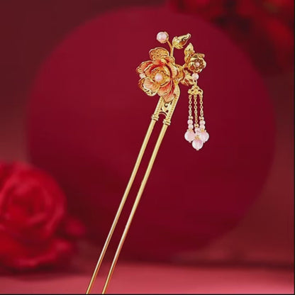 Épingle à Cheveux Impériale Pivoine Émaillée en Quartz Rose