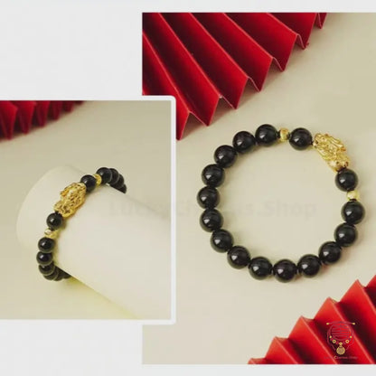Obsidian Gold-Plated Pixiu Fortune-Turning Bead Bracelet for Men | Wealth-Attracting & Evil-Warding Jewelry
