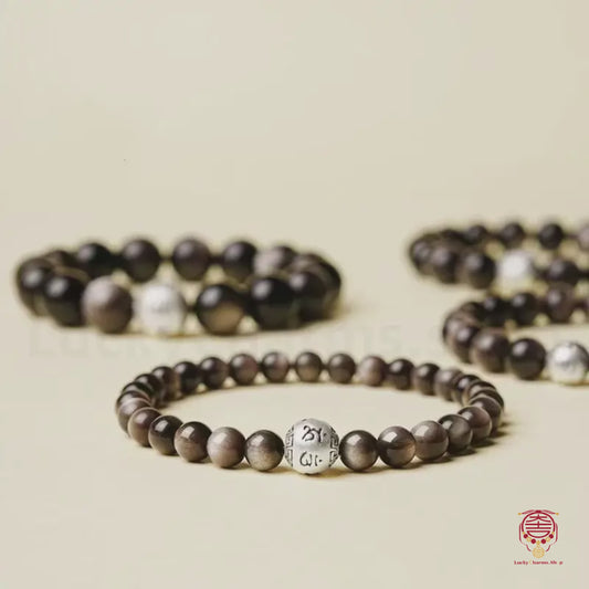 Natural Silver Obsidian Six-Syllable Lucky Bracelet for Men | Silver Six-Syllable Mantra Fortune-Turning Bead
