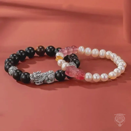 999 Silver Strawberry Quartz Pixiu Couple Bracelets | Obsidian, Pearl & Lucky Coin Beads, Elastic Design