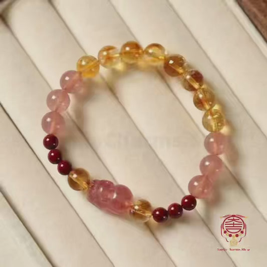 Mount Putuo Blessed Pixiu Bracelet | Citrine/Cinnabar, Strawberry Crystal Pixiu, Wealth-Attracting Jewelry