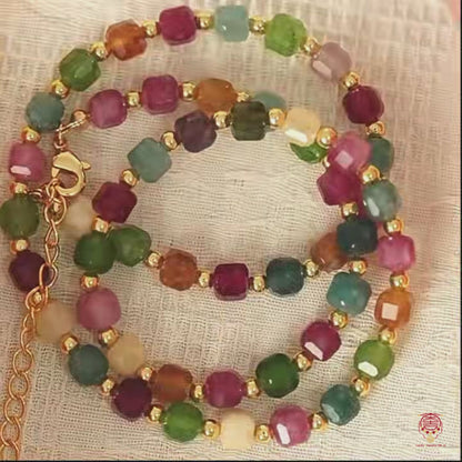 Conjunto de collar y pulsera de turmalina arcoíris natural en forma de cubo de azúcar
