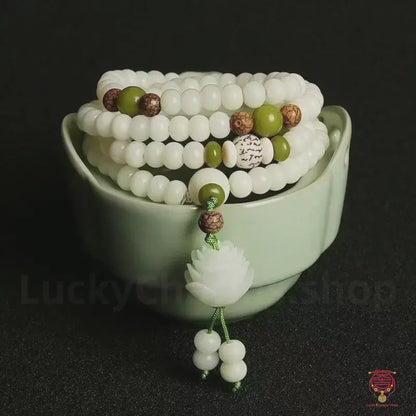 The 108 Awakening Mala - Organic White Jade Bodhi Root & Hand-Carved Lotus Strand