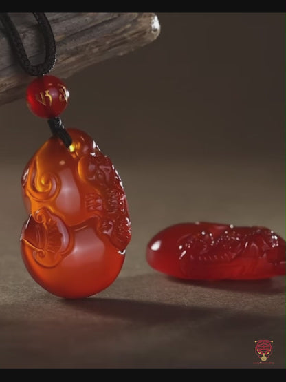 Natural Red Agate Pixiu Holding Gourd Necklace - Wealth & Luck Amulet