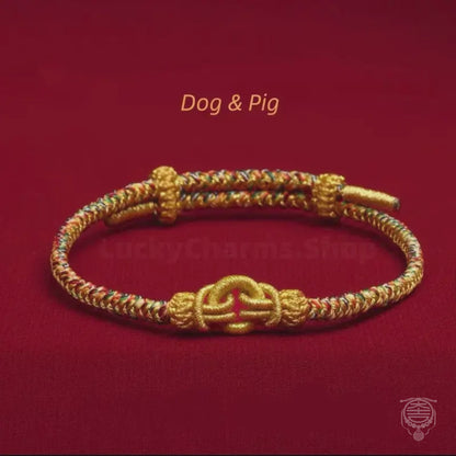Bracelet taoïste tressé, orné d'un anneau béni du Mont Longhu, symbole du zodiaque et gardien de la Terre. Idéal pour offrir.